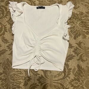 Zara crop tee w ruched tie too with flutter sleeves size m